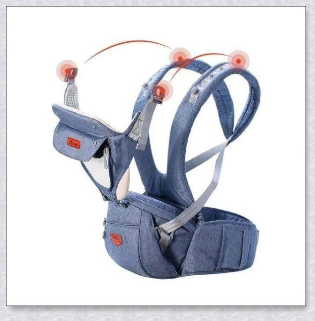 Proactive Sunveno Explorer Baby Carrier in grey, navy, and black colours with adjustable straps and breathable mesh and cotton materials