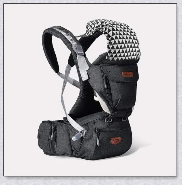 Proactive Sunveno Explorer Baby Carrier in grey, navy, and black colours with adjustable straps and breathable mesh and cotton materials