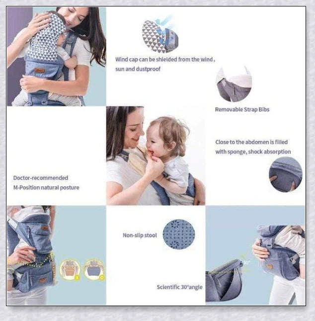 Proactive Sunveno Explorer Baby Carrier in grey, navy, and black colours with adjustable straps and breathable mesh and cotton materials