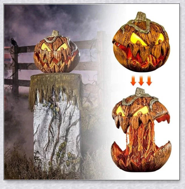 A yellow pumpkin decoration with a mouth that opens and makes spooky sounds, perfect for adding a chilling touch to your outdoor Halloween party.