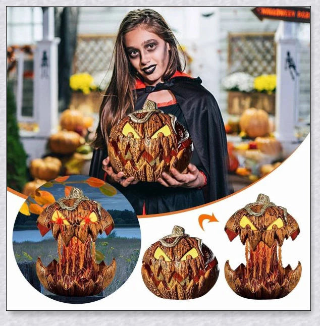 A yellow pumpkin decoration with a mouth that opens and makes spooky sounds, perfect for adding a chilling touch to your outdoor Halloween party.