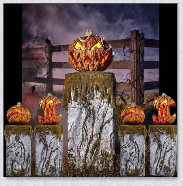 A yellow pumpkin decoration with a mouth that opens and makes spooky sounds, perfect for adding a chilling touch to your outdoor Halloween party.
