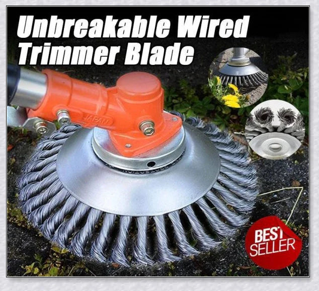 Unbreakable wired trimmer blade made from high-grade steel alloy for cutting through weeds, grass, and branches efficiently