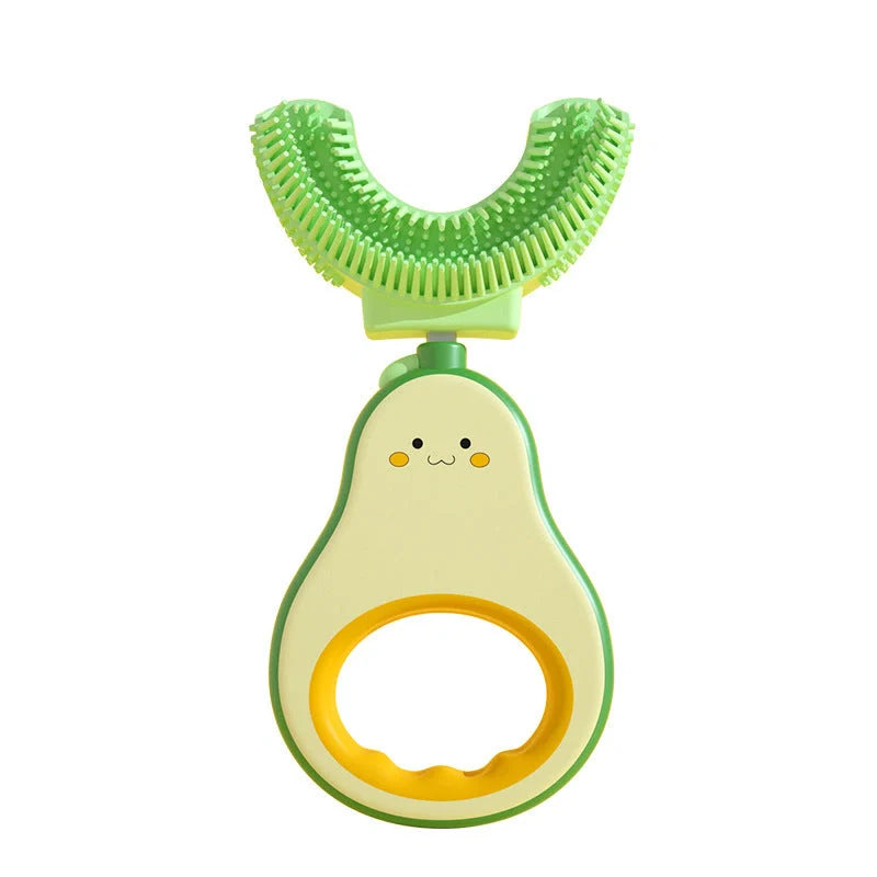 U-shaped silicone baby toothbrush in cheerful colours for gentle teeth cleaning