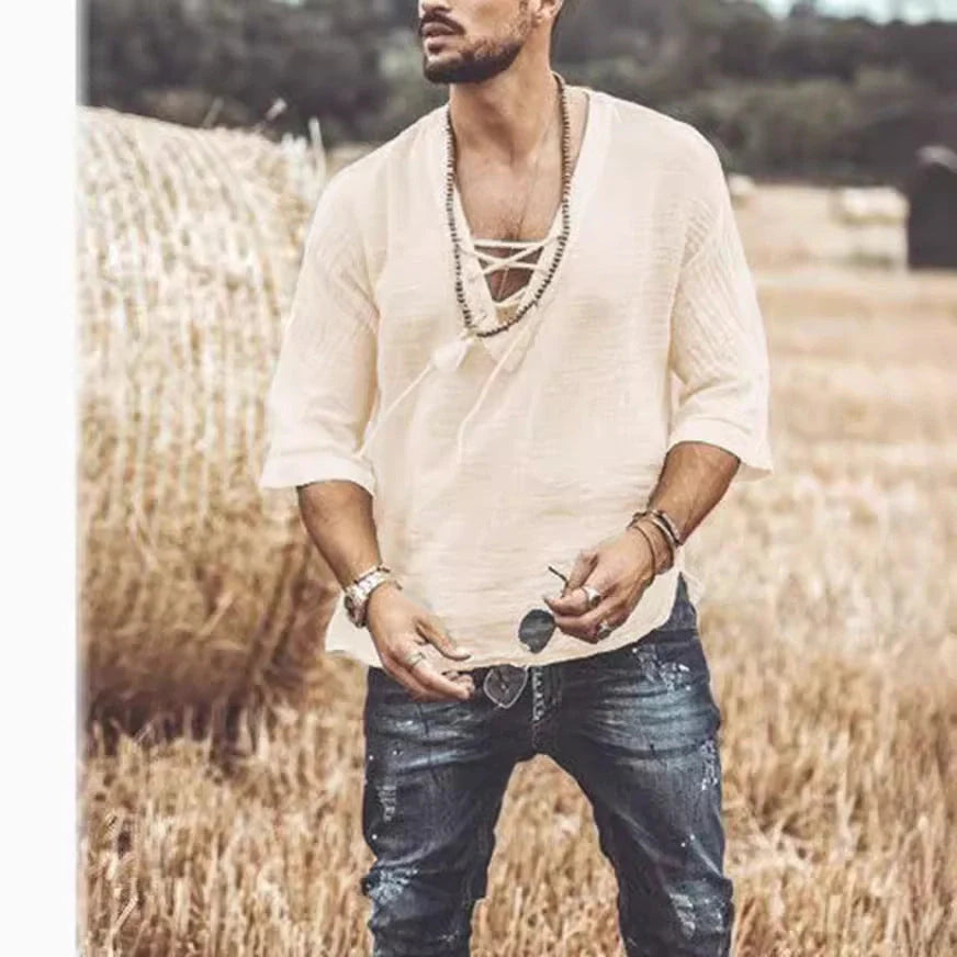 Lace-up cotton mid-sleeve t-shirt in various colours and sizes, perfect for casual and smart-casual occasions