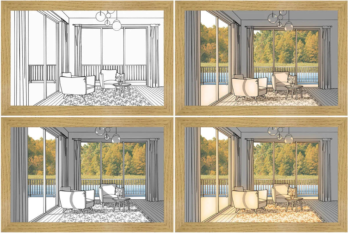 Illuminating LED picture light with customizable lighting modes, showcasing various nature scenes and cityscapes
