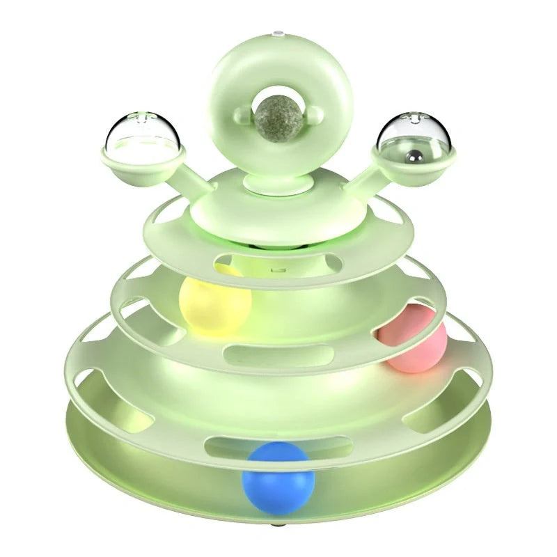 Interactive 4-level cat toy tower with turntable and roller balls in vibrant colours