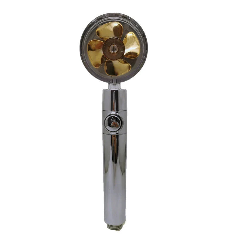 A high-pressure shower head with a stop button, cotton filter, and powerful water pressure for a luxurious bathing experience.