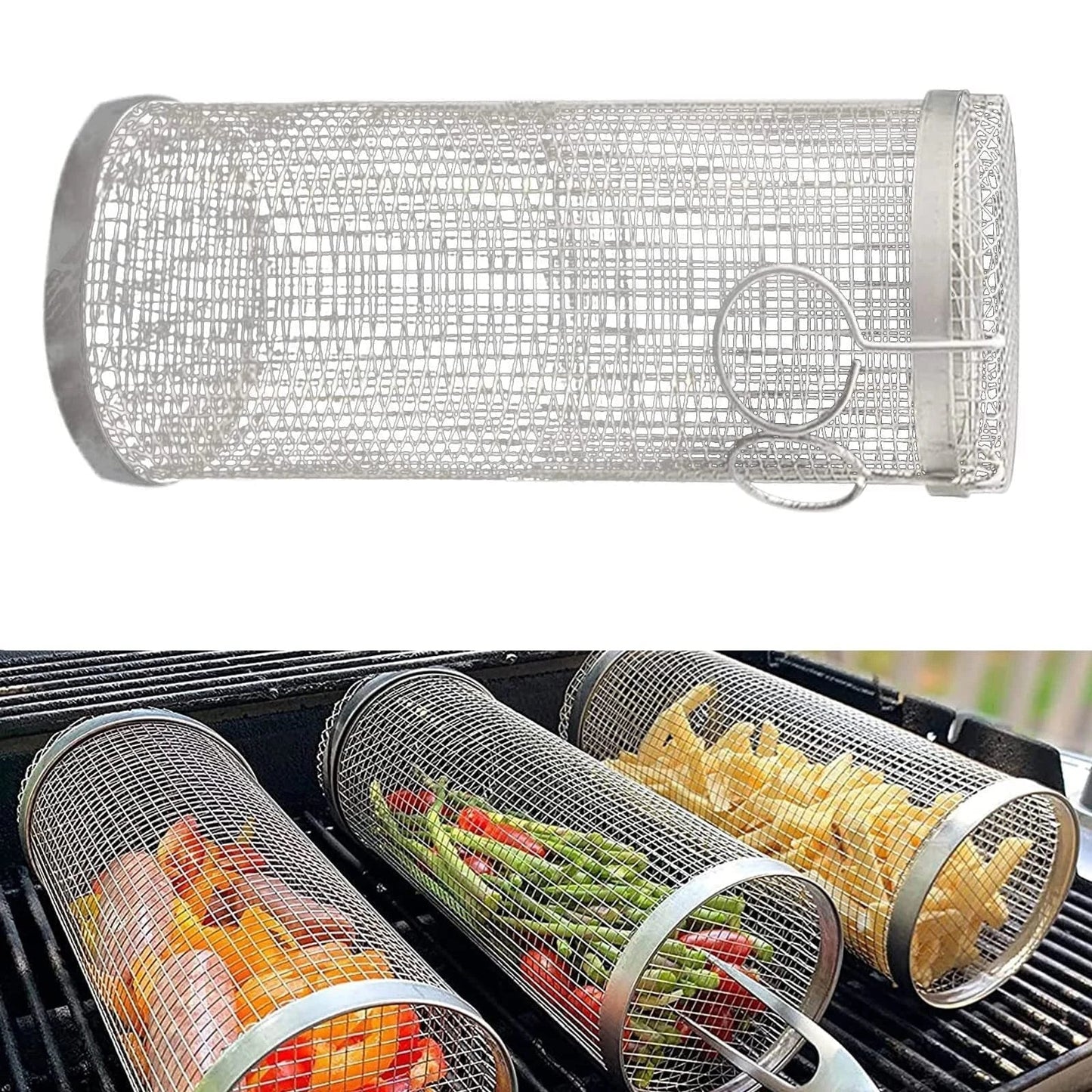 A stainless steel wire mesh grilling basket with a round shape, designed for versatile outdoor cooking and barbecue.