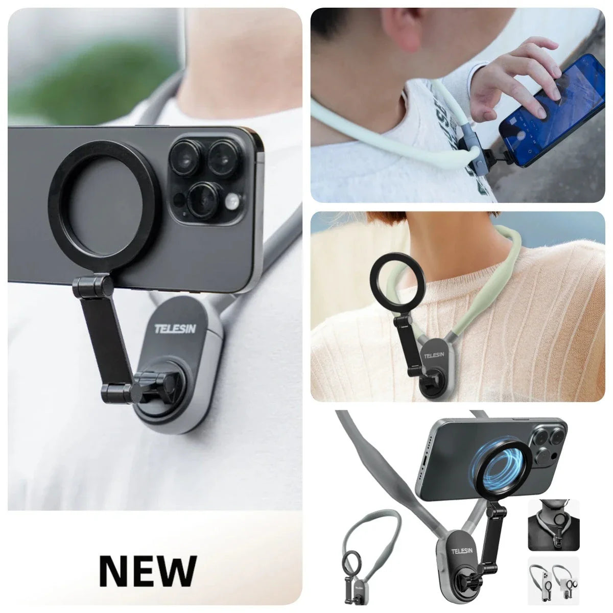Hands-Free Magnetic Phone Mount for Neckwear with Silicone and Aluminum Construction, Secure Magnetic Suction, and Versatile Orientation Options