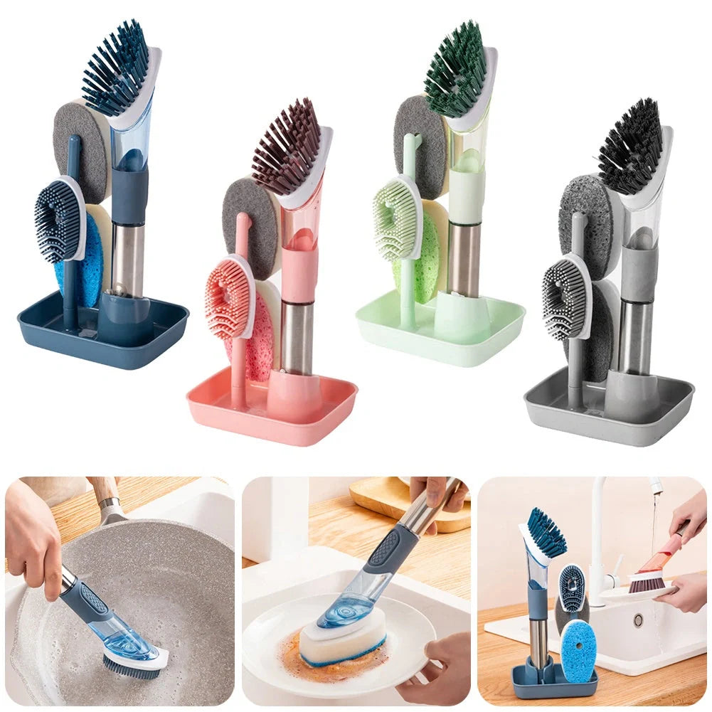 Multifunctional dish brush with soap dispenser and non-slip grip for efficient kitchen cleaning