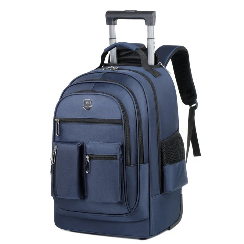 Durable, waterproof trolley backpack with single-directional wheel for smooth mobility and ample storage space for British travellers