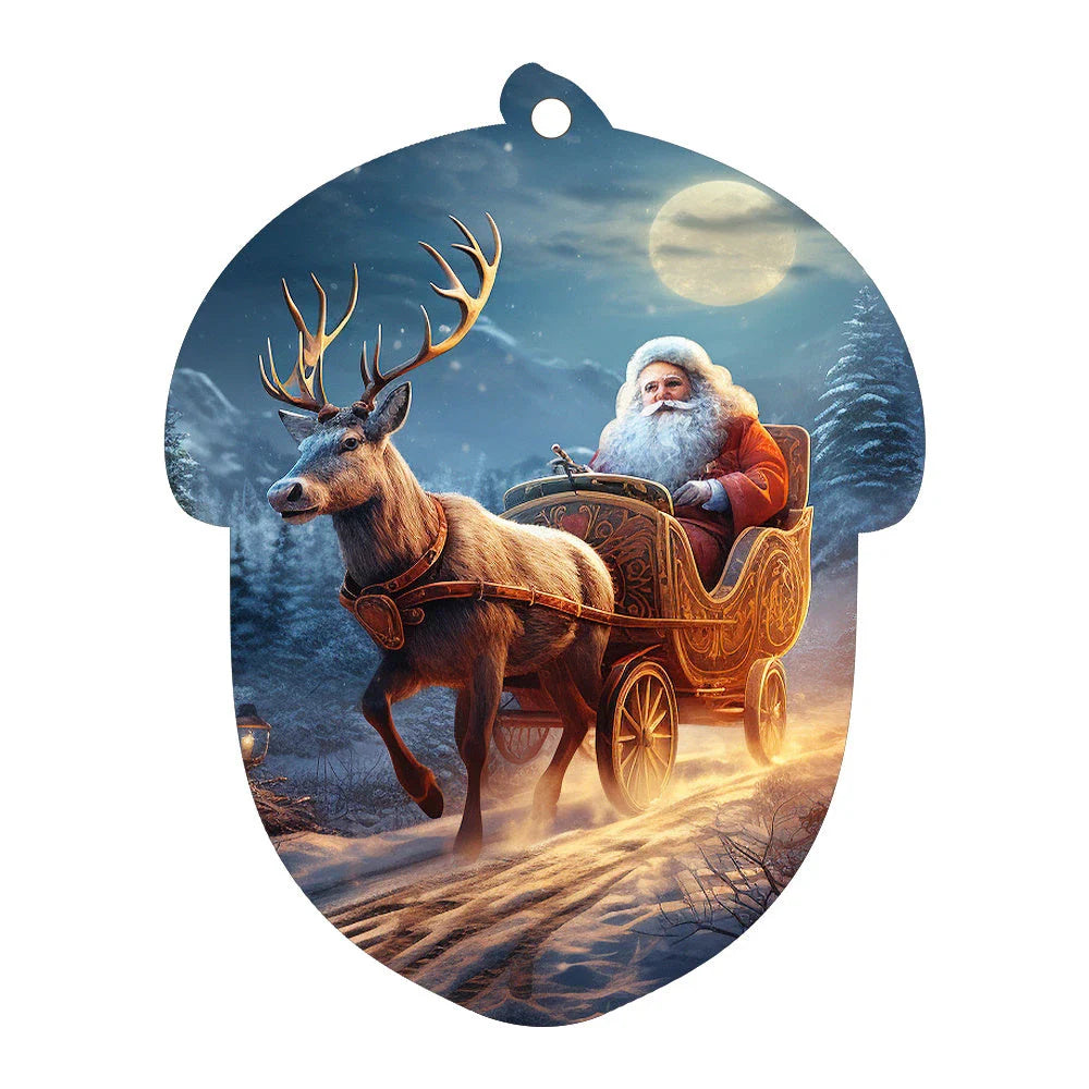 Festive car ornament hanging from rearview mirror with Christmas designs