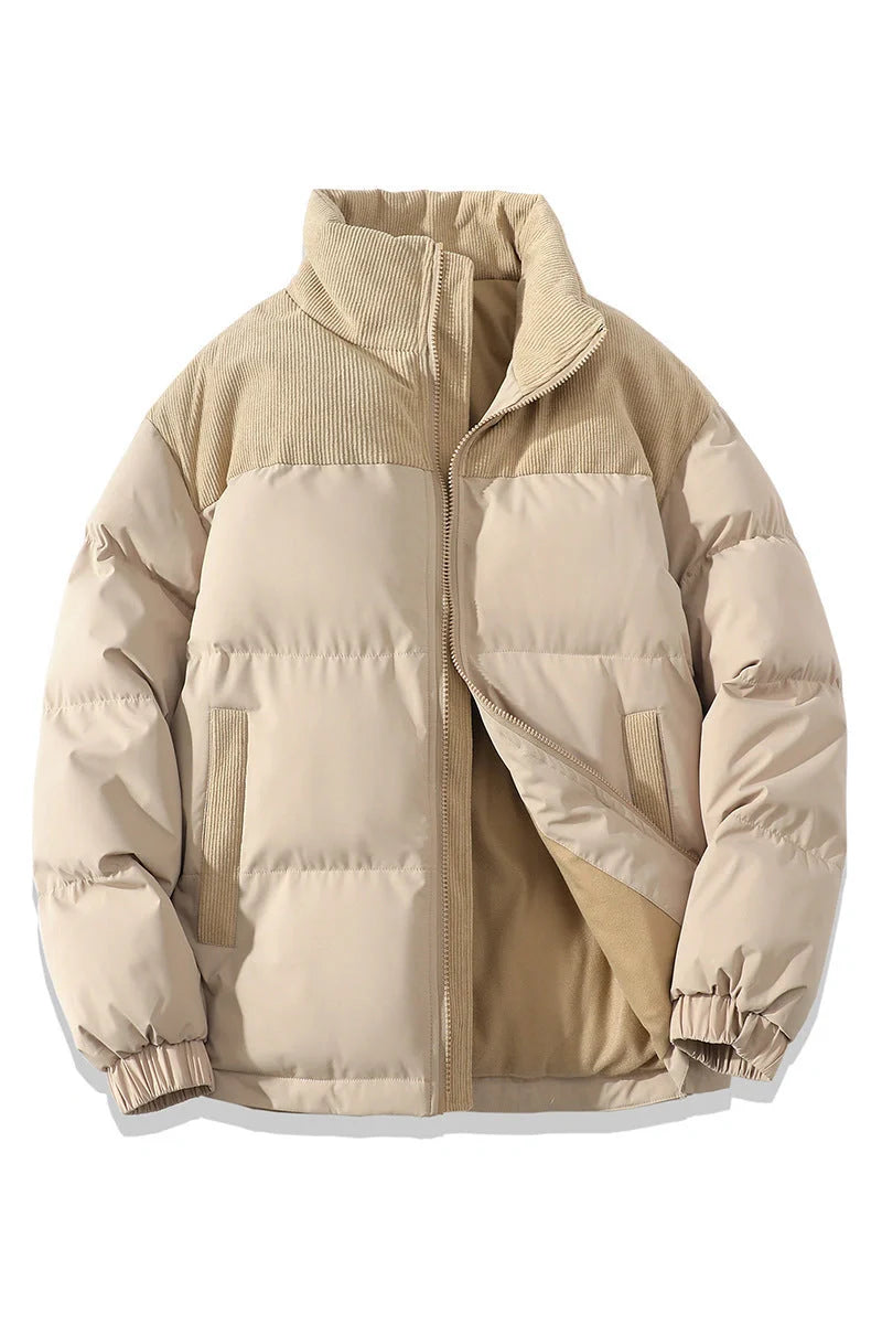 A stylish padded winter coat with contrast-coloured accents, designed for both men and women to stay warm and look fashionable.