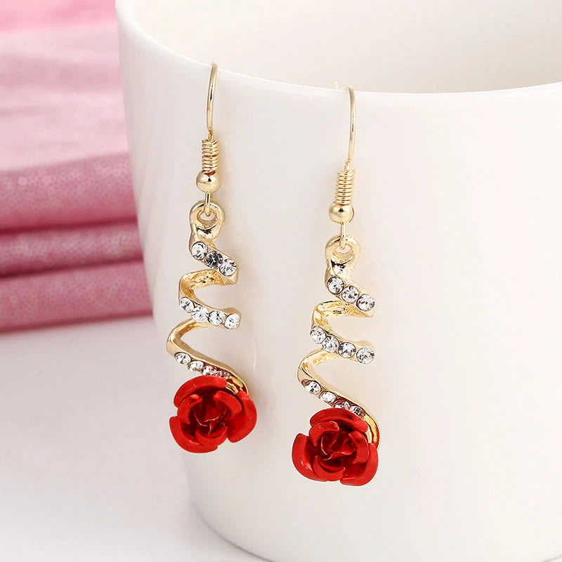 Ethnic Red Rose Drop Earrings with rhinestones for women, golden color, elegant design