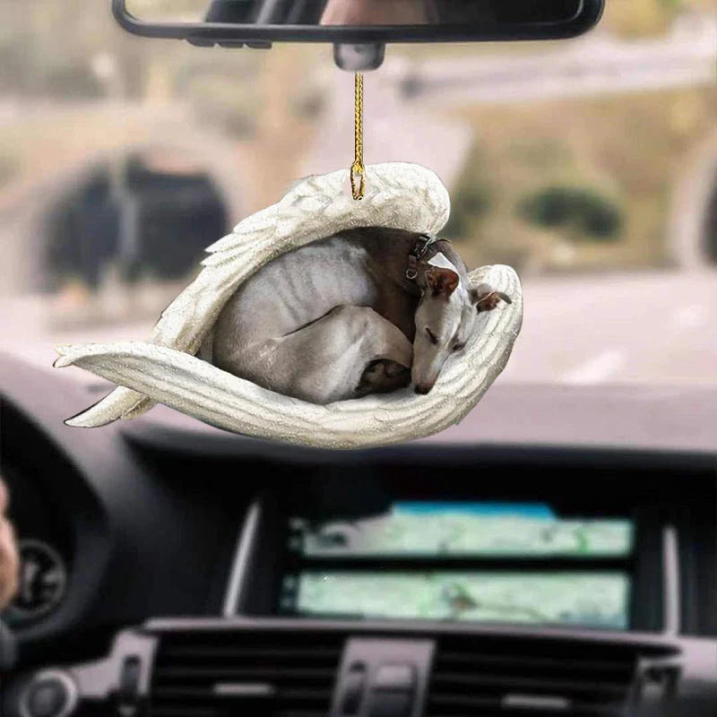 Charming sleeping dog angel acrylic car pendant decoration with a whimsical design