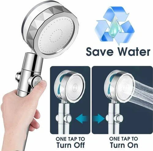 Modern minimalist high-pressure shower head with on/off switch and water-saving technology