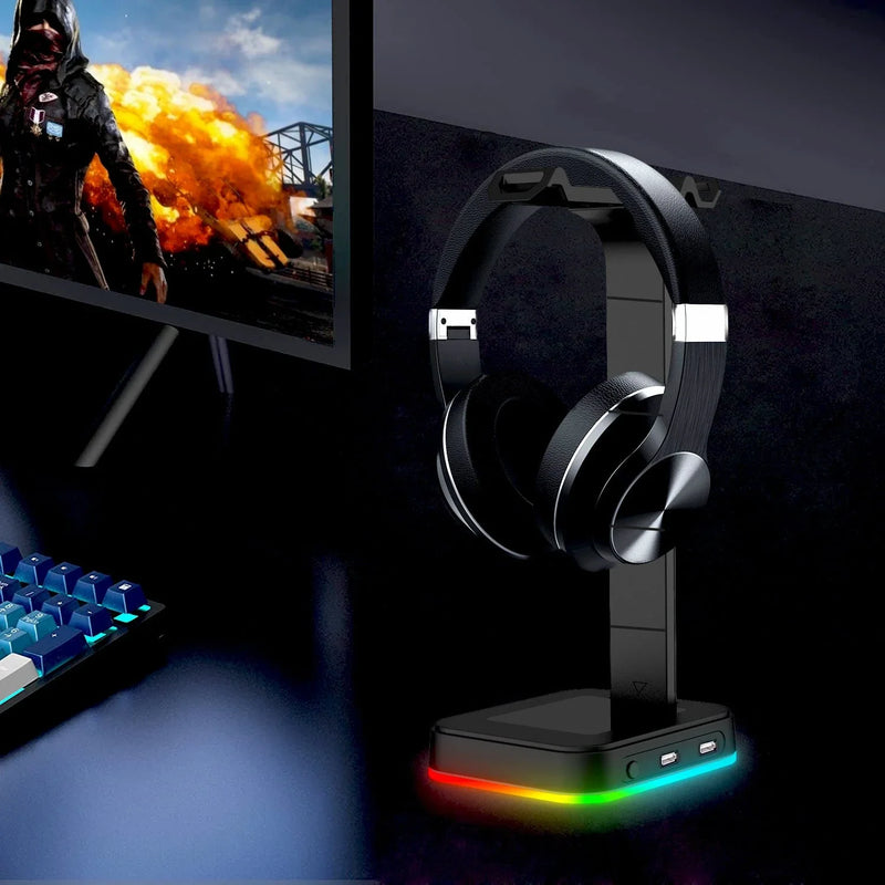 GiftHome UK Stylish RGB Headphone Stand with Integrated Power Strip and USB Charging