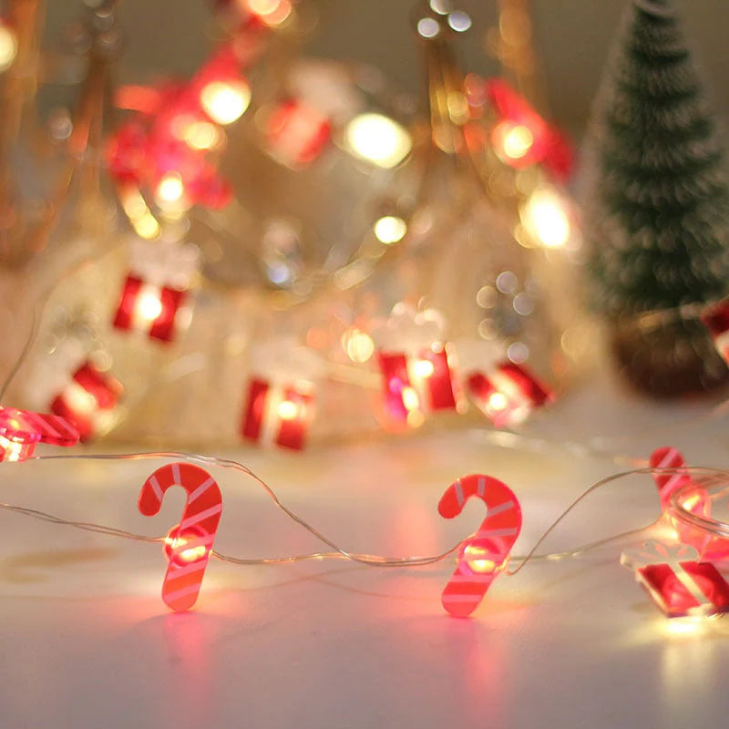 Festive LED string lights with Christmas-themed ornaments for home and party decor