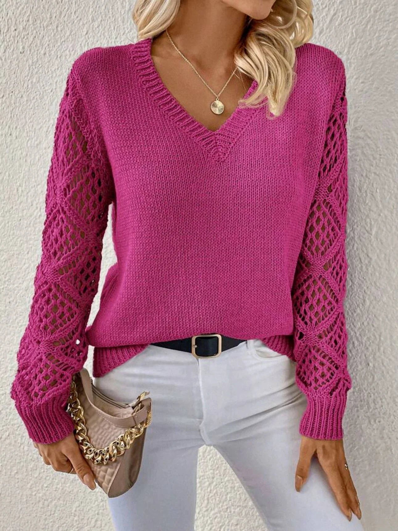Stylish V-Neck Sweater with Trendy Hollow Sleeves for Women in Variety of Classic Colors