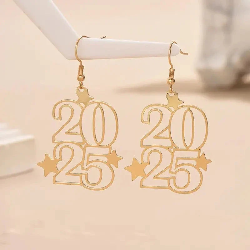 Gold-tone dangle earrings with '2025' design, ideal for New Year's Eve and other fashionable celebrations
