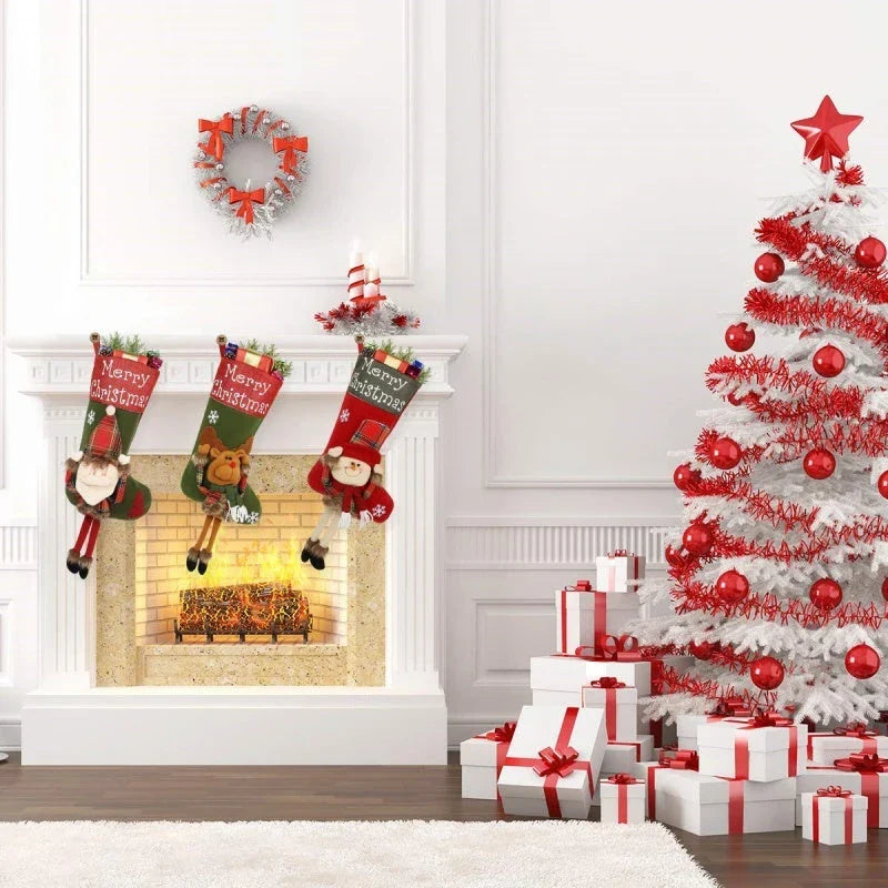 Extra-large Christmas stockings with 3D applique designs of Santa, Snowman, and Reindeer