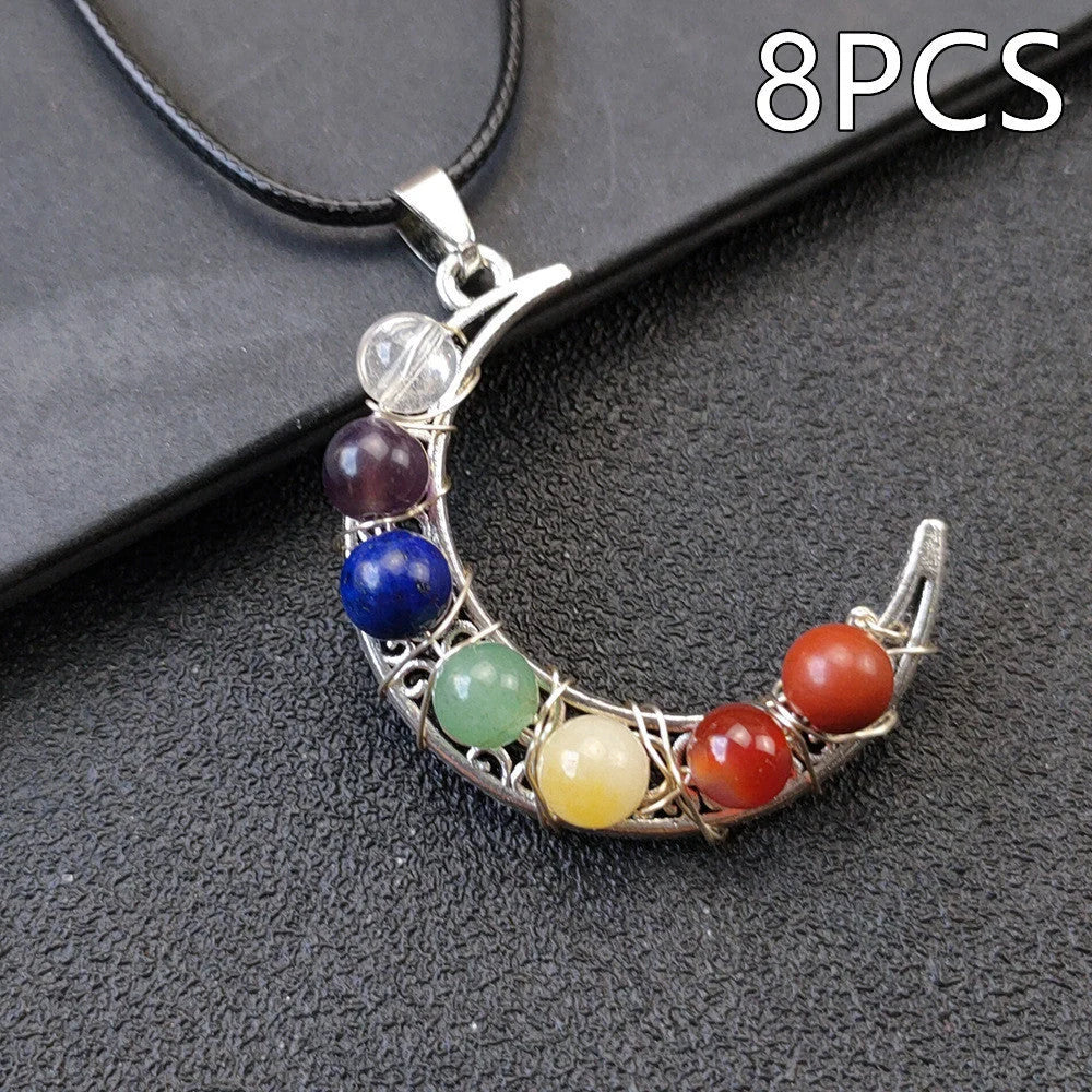 Seven Chakras Crystal Moon Pentagram Necklace in bohemian style