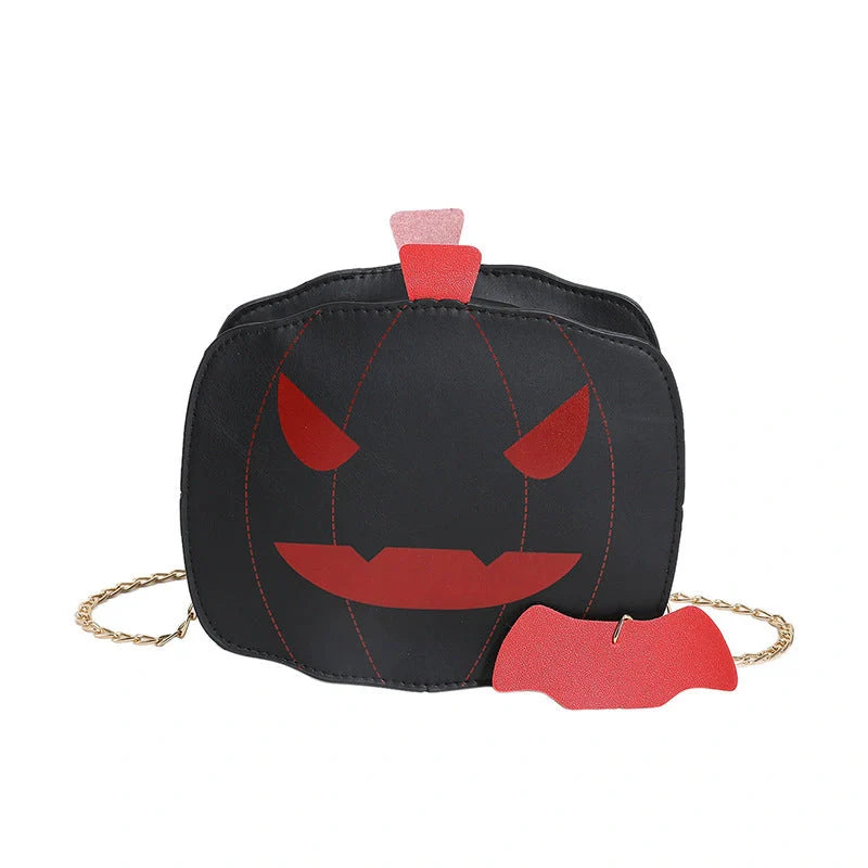 Enchanting Halloween pumpkin-themed shoulder bag in various colours, featuring an adjustable chain strap and trendy urban style
