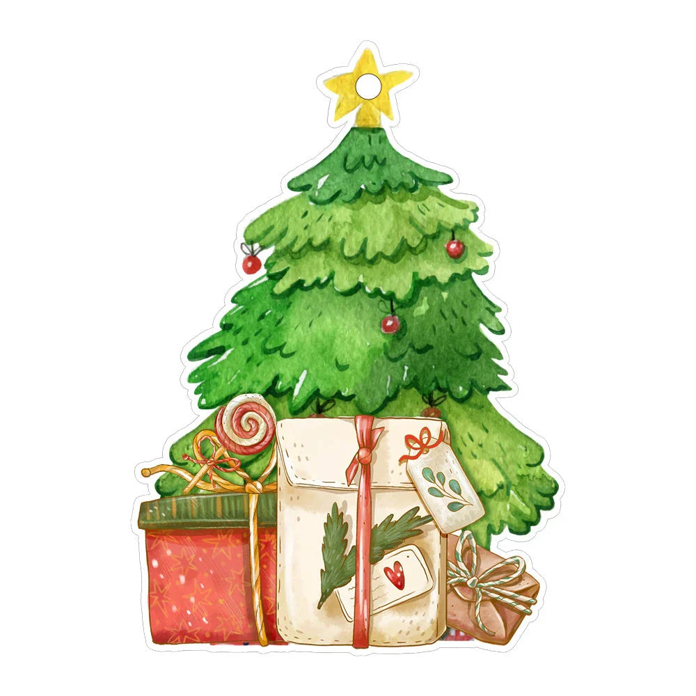Festive car ornament hanging from rearview mirror with Christmas designs