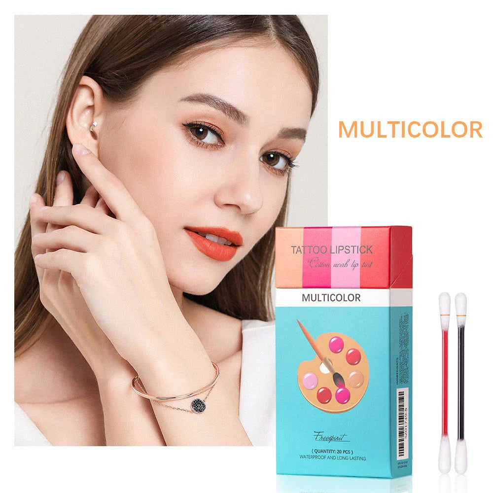 20-piece set of portable lipsticks in various colors, including reds, pinks, and nudes, packaged in a sleek cigarette-style box