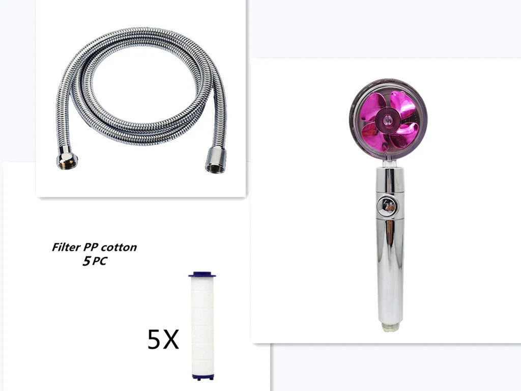 A high-pressure shower head with a stop button, cotton filter, and powerful water pressure for a luxurious bathing experience.