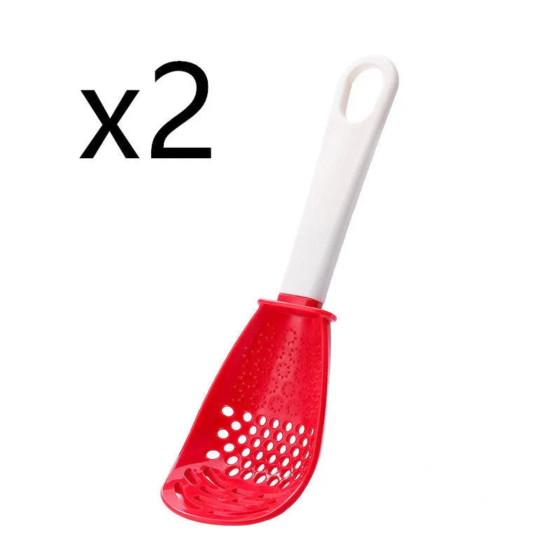 Versatile kitchen spoon for grinding, pressing, and stir-frying in red and black