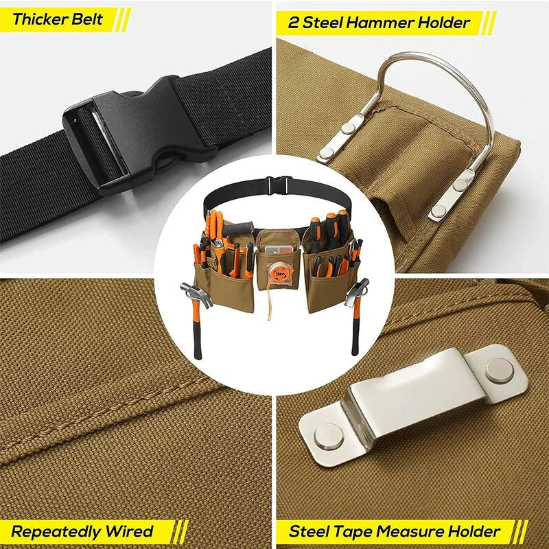 Adjustable tool belt made from durable 900D Oxford cloth with 19 pockets and 20 kg capacity, available in khaki and pink colours