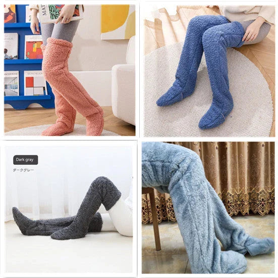 Cozy over-the-knee fuzzy socks in various colors, including brown, blue, dark gray, and pink purple
