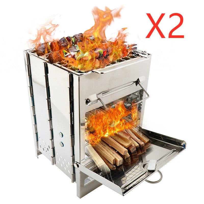 Compact and portable camping stove made of durable stainless steel with a folding design for versatile outdoor cooking