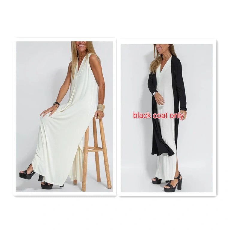 Stylish Women's V-neck Sleeveless Dress with Long Cardigan in various colors