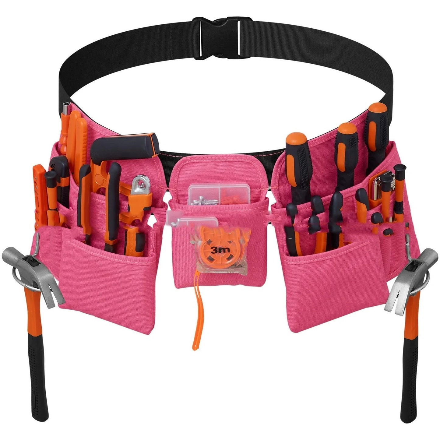 Adjustable tool belt made from durable 900D Oxford cloth with 19 pockets and 20 kg capacity, available in khaki and pink colours
