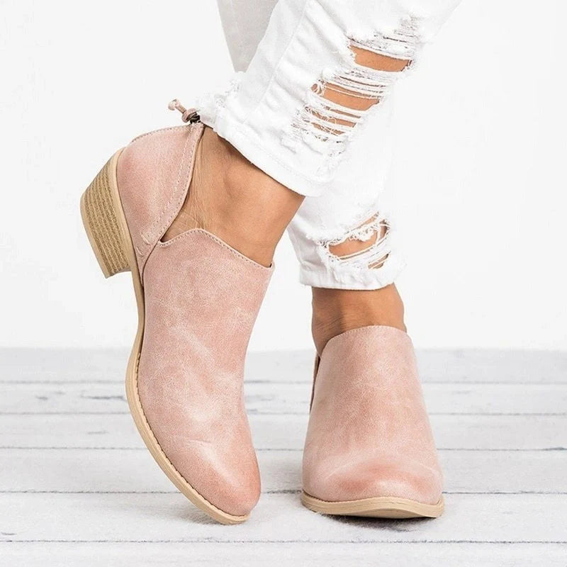Stylish retro high heel ankle boots for women in pink, black, and beige