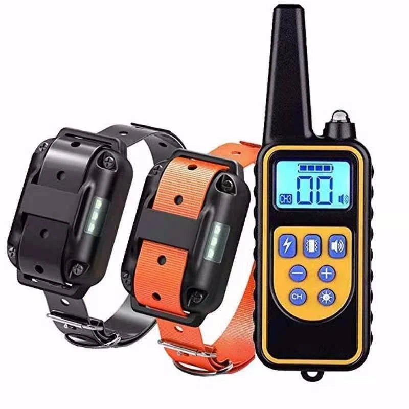 Remote-controlled anti-bark dog training collar with adjustable settings and 800-yard range