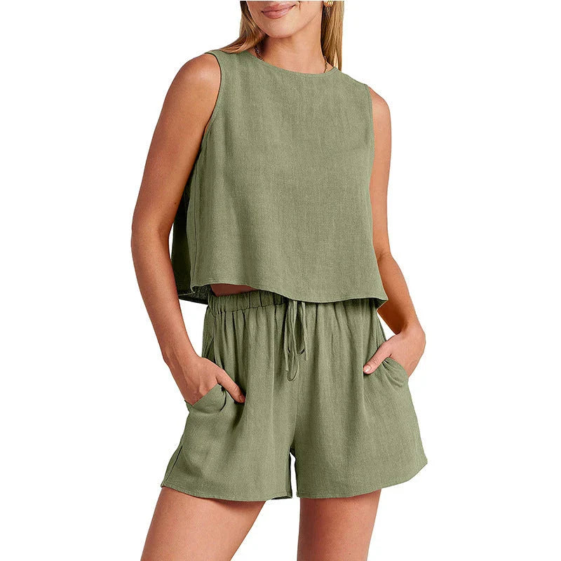 Women's sleeveless top and drawstring shorts set in various colors, made from a lightweight and breathable rayon and linen blend fabric