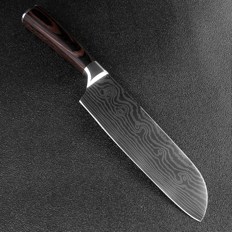Premium 8-Piece Damascus Steel Kitchen Knife Set with Razor-Sharp Blades and Ergonomic Wooden Handles
