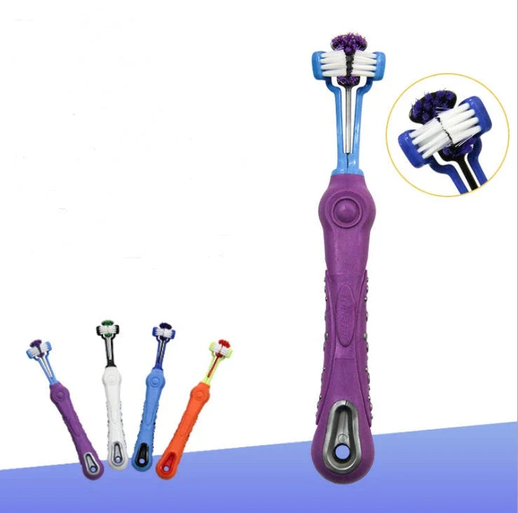 Premium Triple-Headed Pet Toothbrush in various colours, designed to effectively clean pets' teeth and eliminate bad breath and tartar build-up.