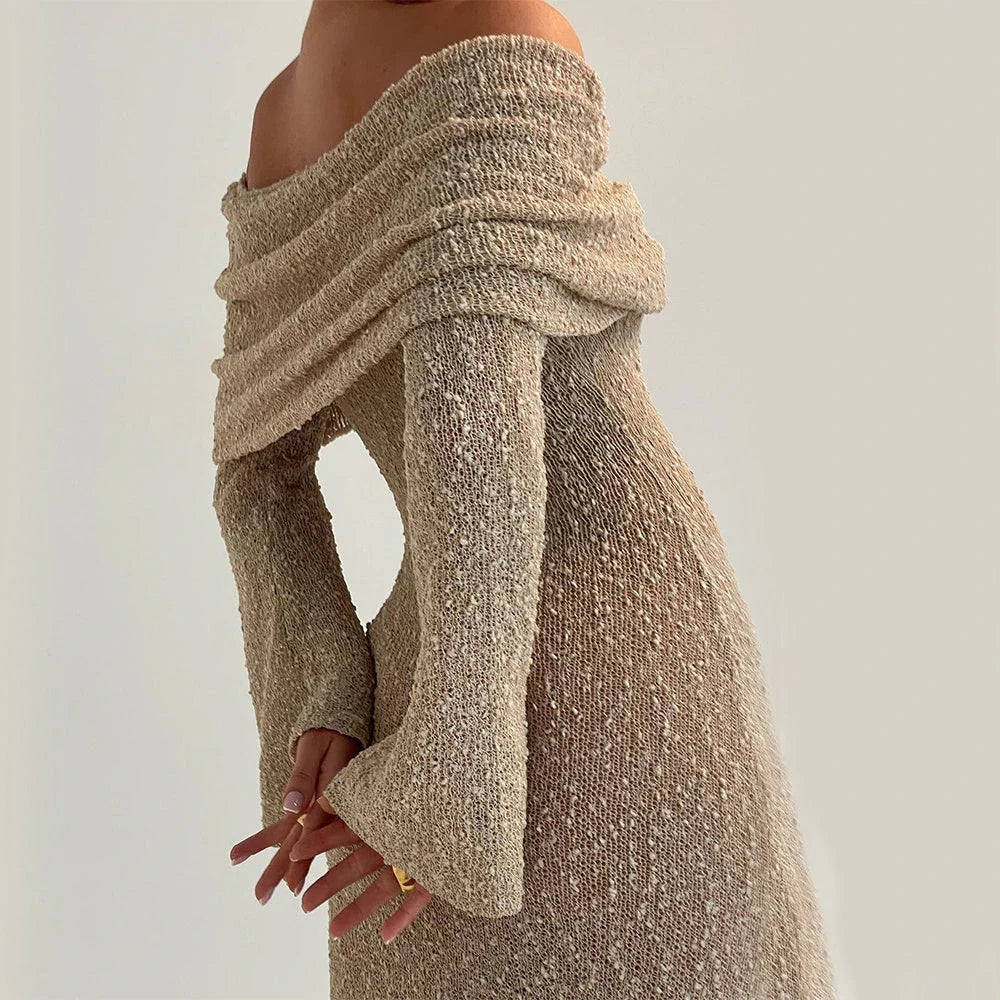 A one-shoulder knit maxi dress in various colors, perfect for beach vacations and summer events.