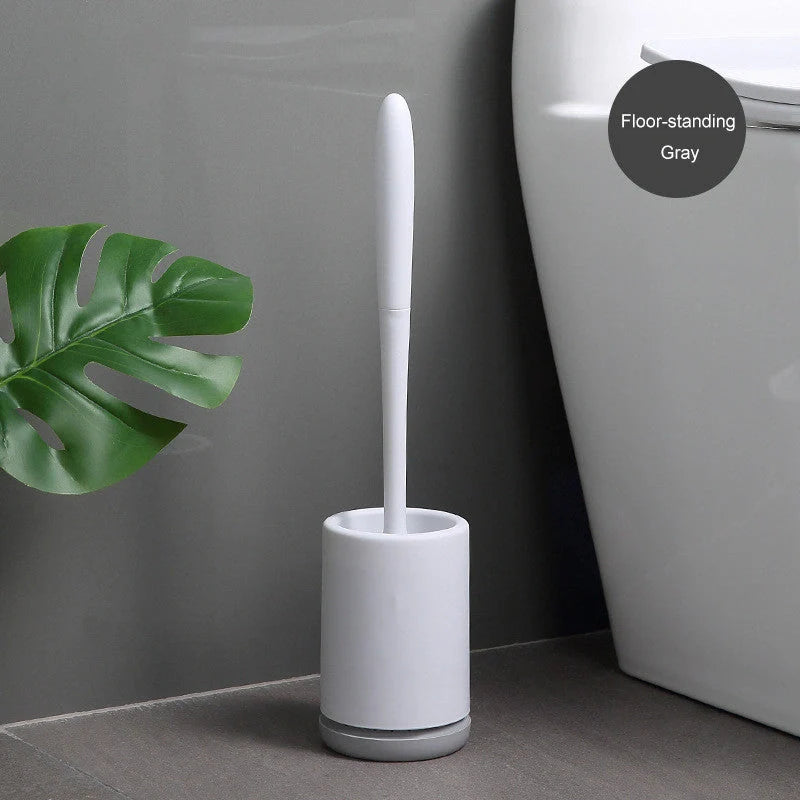 High-quality toilet brush with soft, decontaminated TPR bristles, ergonomic handle, and versatile floor-standing or wall-mounted design.