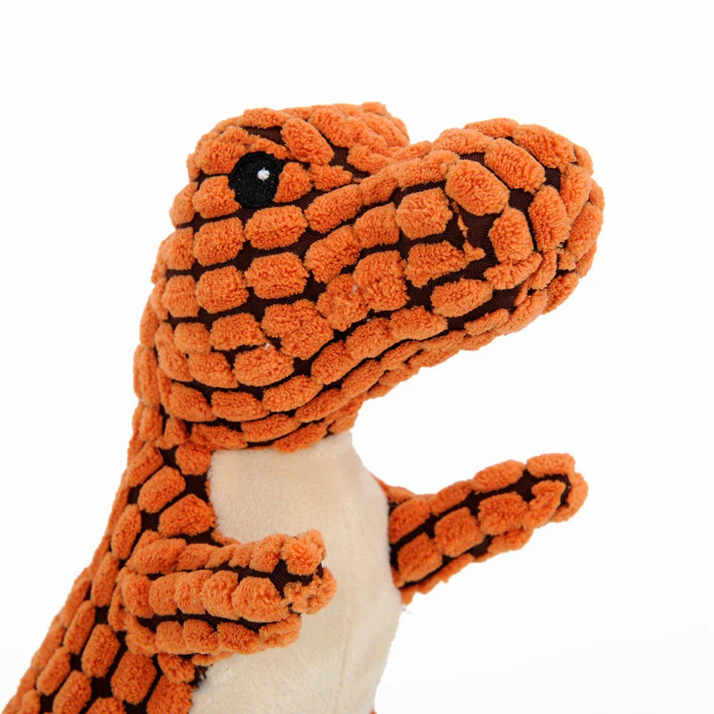 Dinosaur-themed plush chew toys for large dogs, featuring durable corn velvet exterior and soft, squeaky filling materials