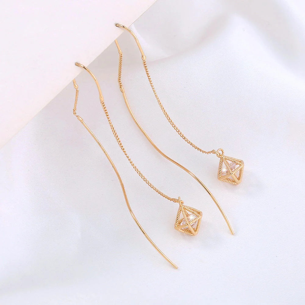 Gold Bronze Cutout Zircon Tassel Earrings with European and American Style