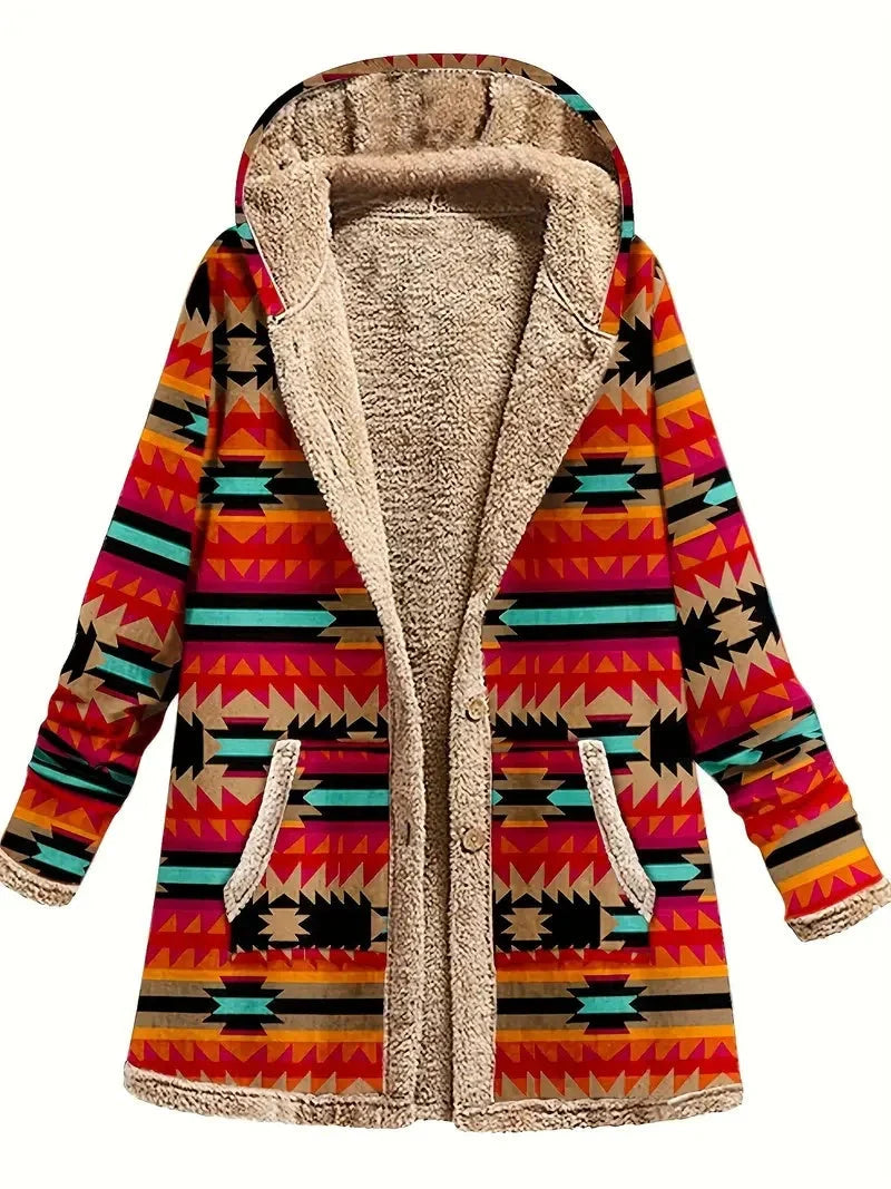 Stylish printed cotton and linen hoodie with warm plush lining, perfect for cooler weather.