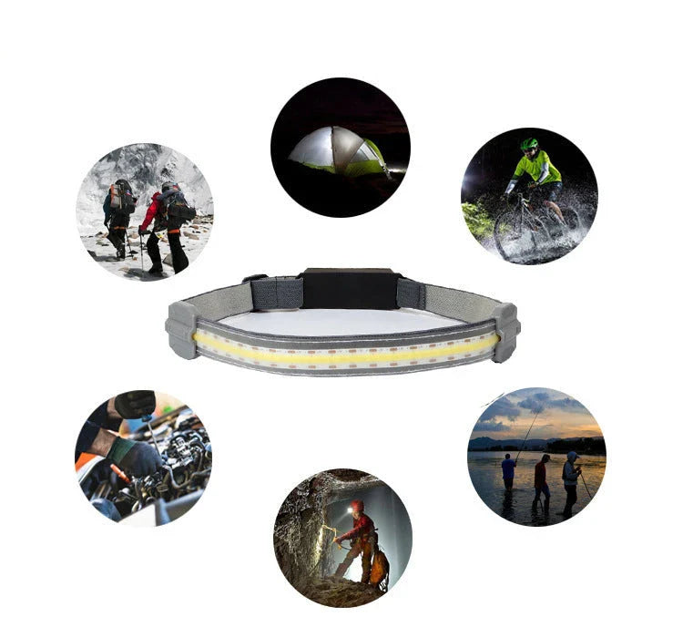 Rechargeable LED headlamp with red safety light, perfect for outdoor activities like cycling, camping, and fishing