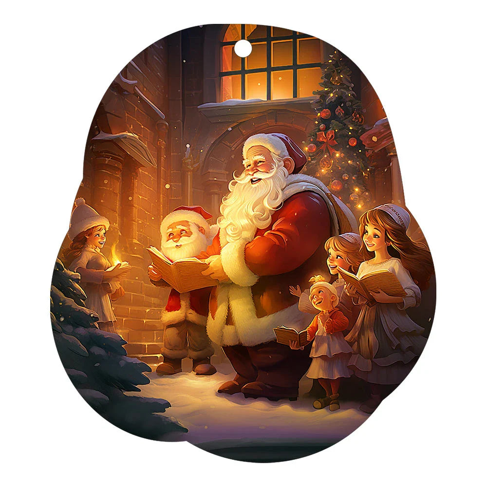 Festive car ornament hanging from rearview mirror with Christmas designs