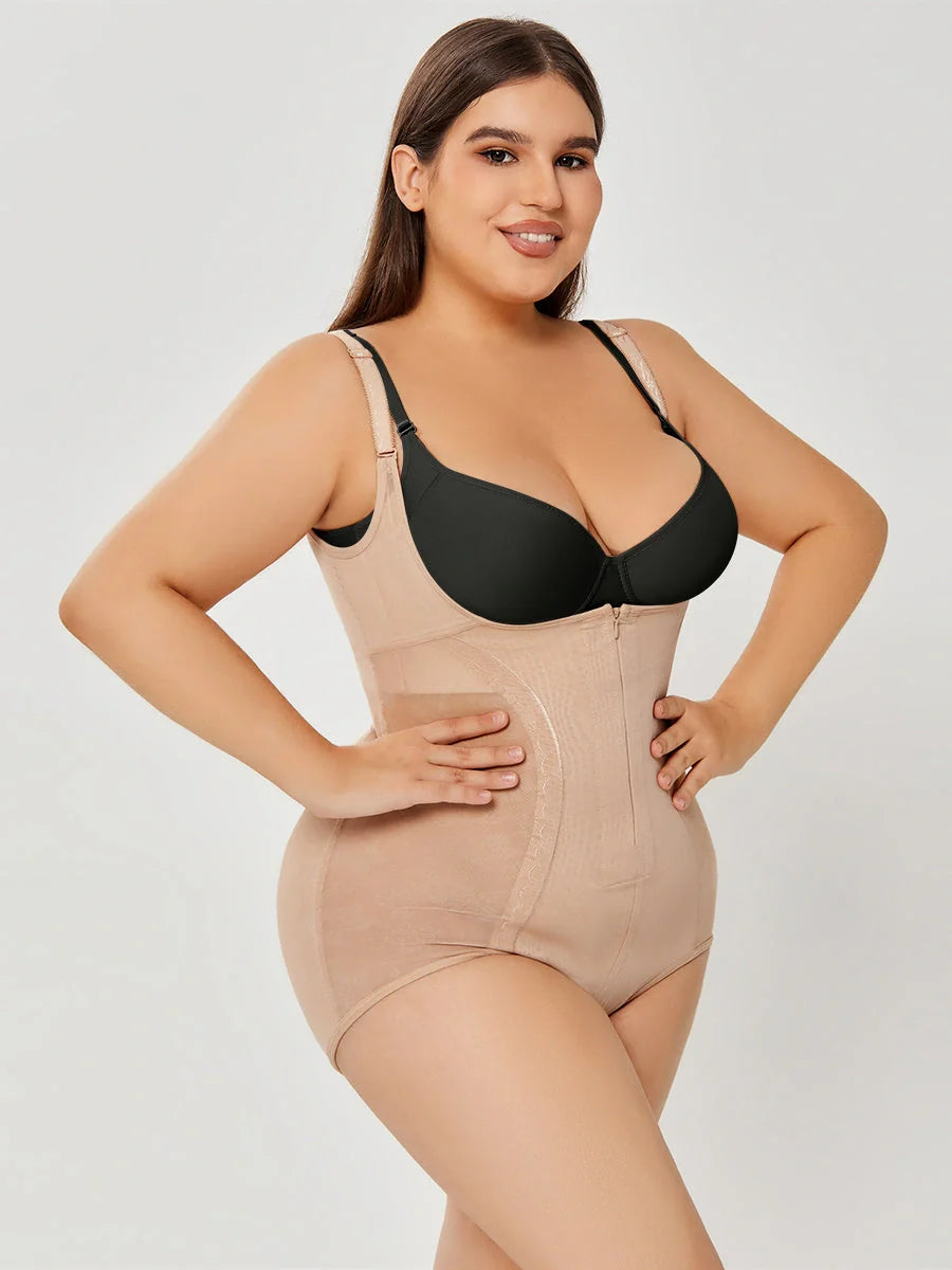 Women's slimming shapewear bodysuit in black and apricot for tummy control and a smooth silhouette.